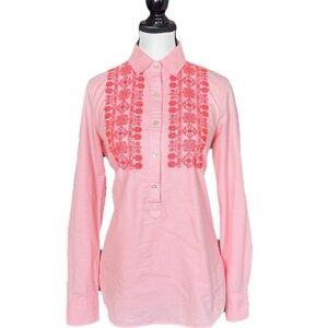 J. Crew Pop Over Embroidered Pink Stripe Long Sleeve Button Shirt Women 2 Office